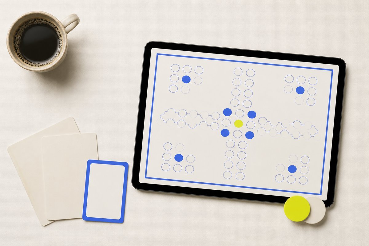 Bone review card, cobalt edge, lime chip: coffee cup set far from the tablet