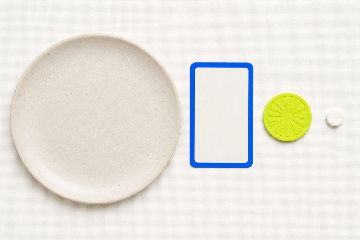 Bone review card, cobalt edge, lime chip: empty plate, 4-hour gap, 50 mcg tablet