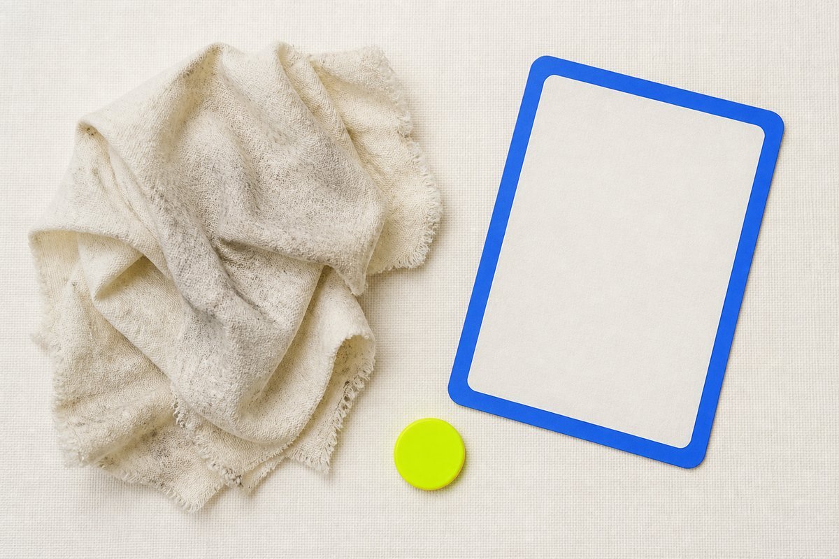 Bone review card, cobalt edge, lime chip: too-much tremor cloth, tablet questioned