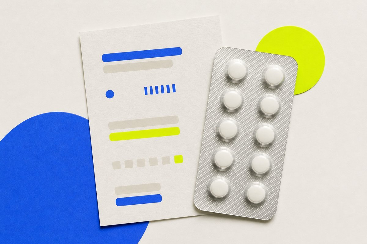 Lab strip beside a levothyroxine 50 mcg blister