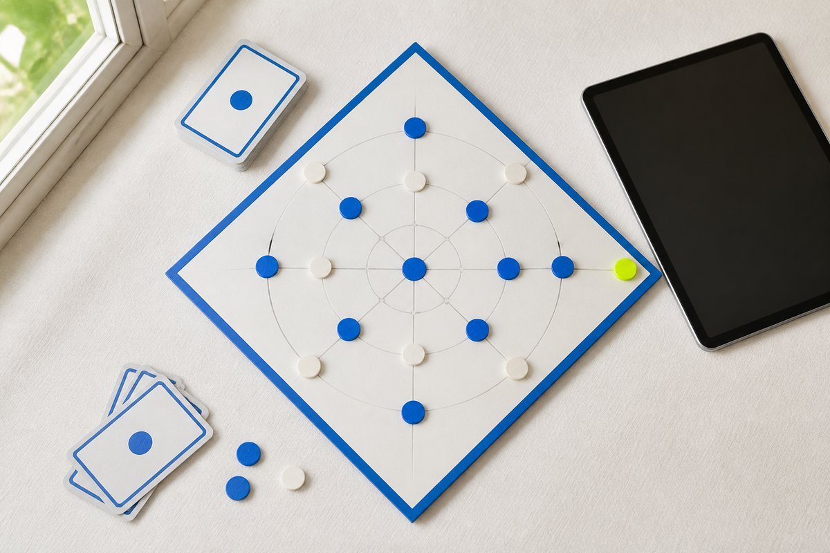 Bone review card, cobalt edge, lime chip: morning window, single tablet