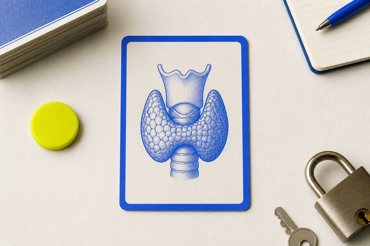 Bone review card, cobalt edge, lime chip: locked thyroid drawer