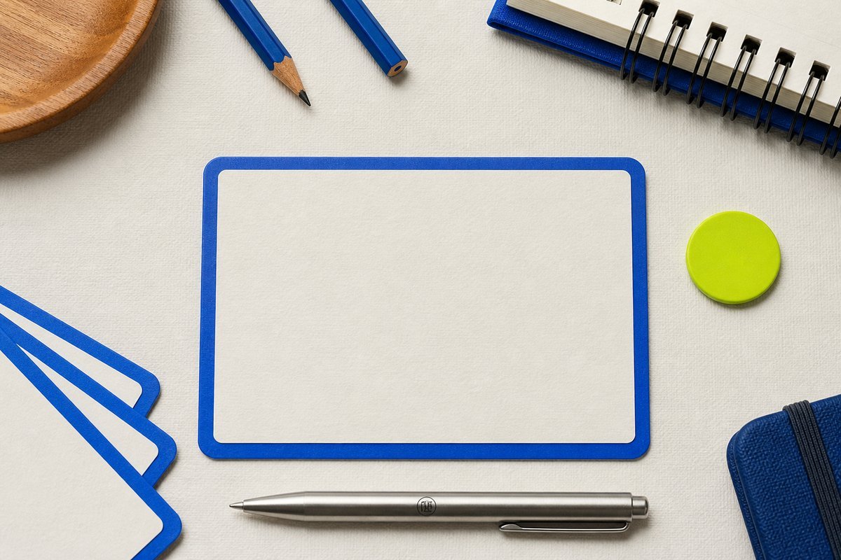 Bone review card, cobalt edge, lime chip: one maker stamp kept on the refill