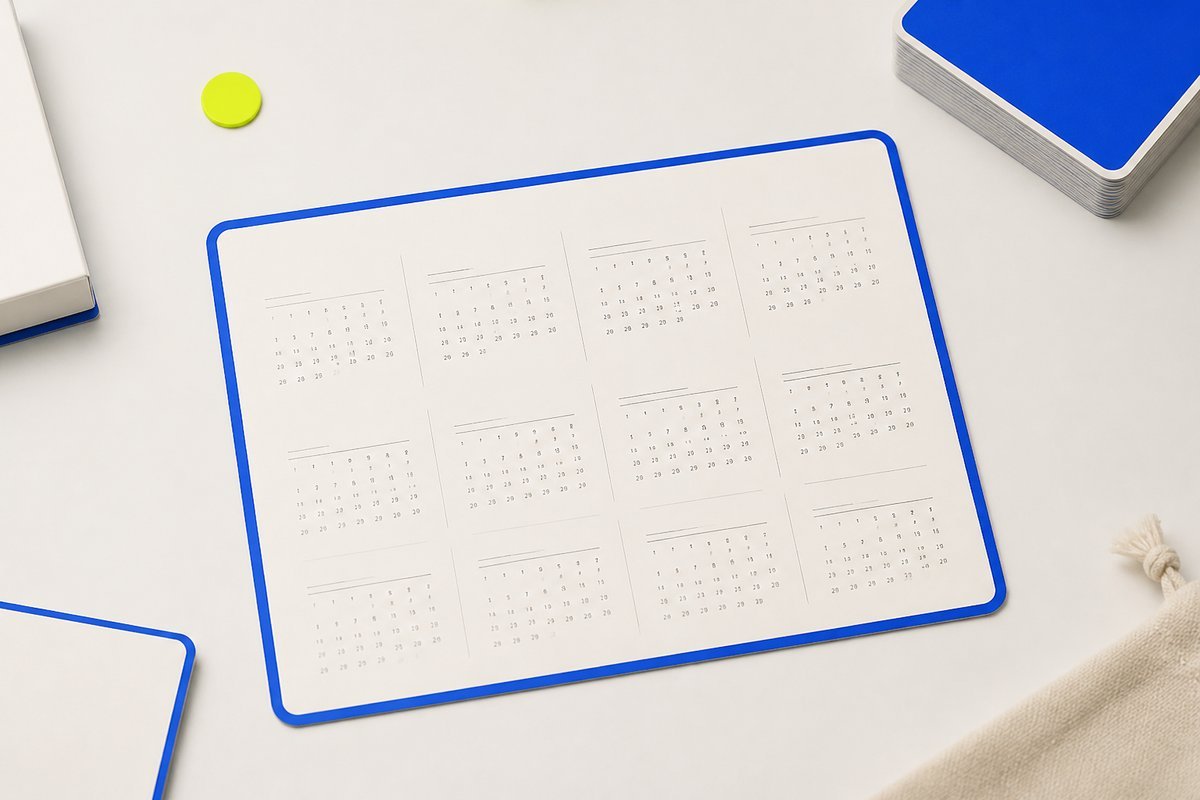 Bone review card, cobalt edge, lime chip: 6-12 month quiet calendar