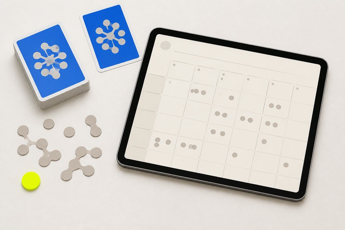 Bone review card, cobalt edge, lime chip: weeks on a bone calendar, tablet