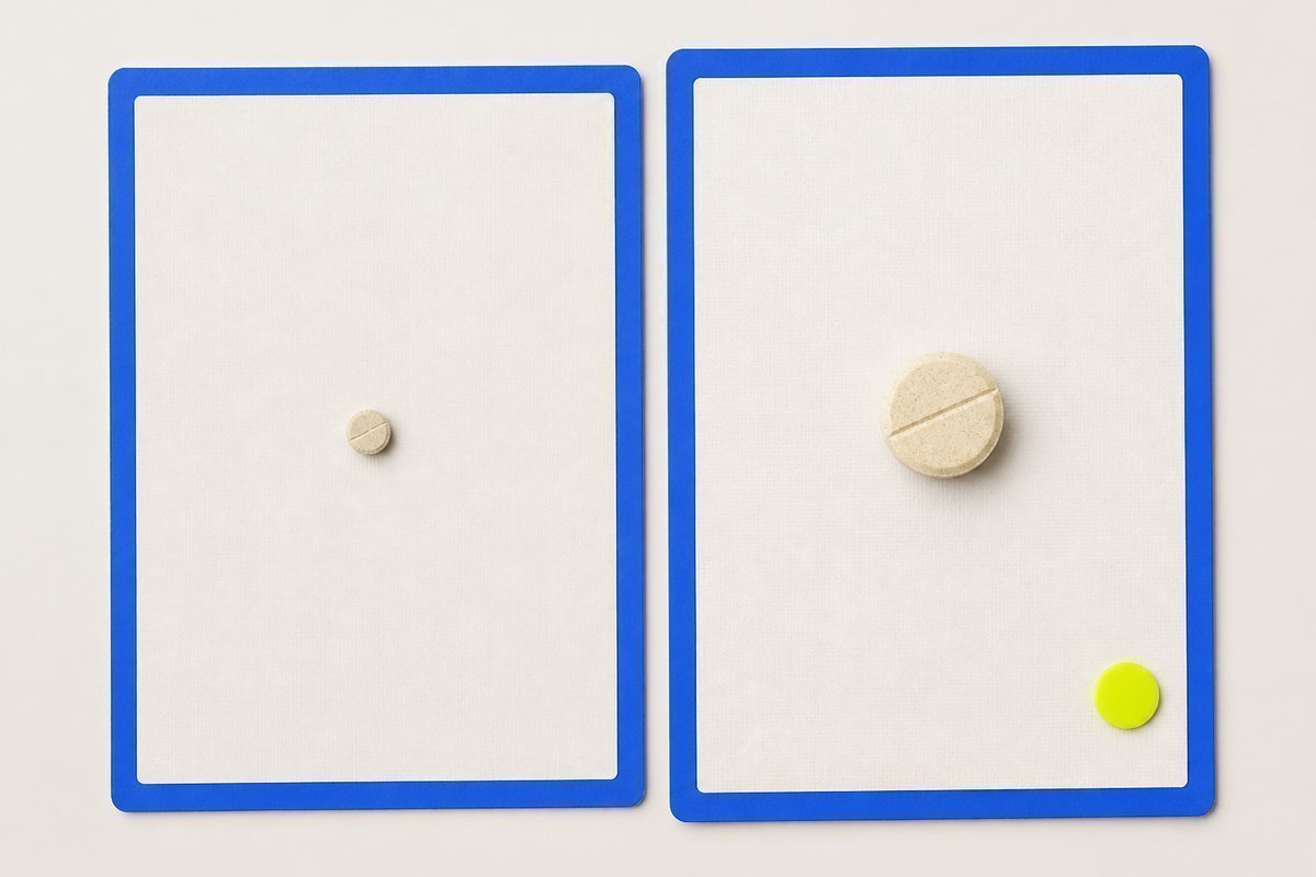 Bone review card, cobalt edge, lime chip: tiny tablet versus a slightly larger daily twin