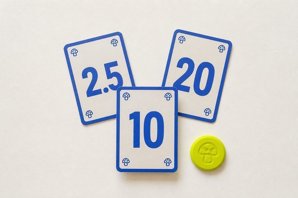 Bone review card, cobalt edge, lime chip: 10 in front, 2.5 and 20 behind