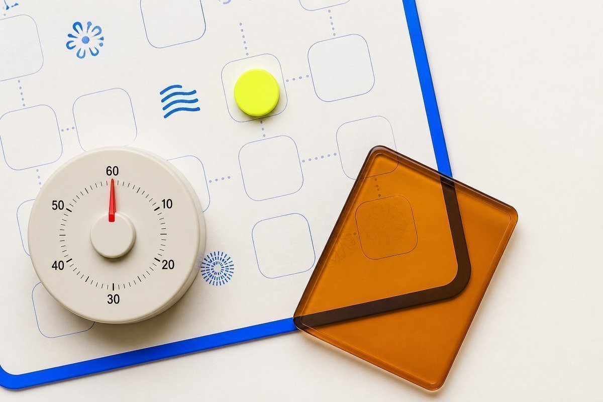 Bone review card, cobalt edge, lime chip: timer at sixty, amber tablet