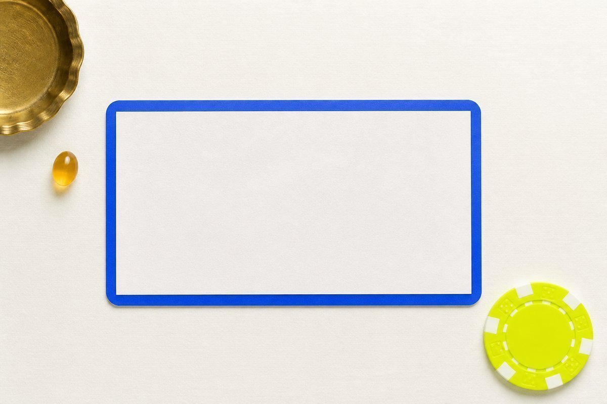 Bone review card, cobalt edge, lime chip: smallest amber tablet, brass dish