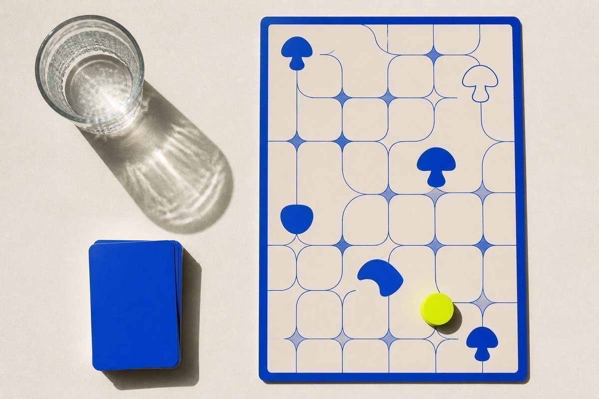 Bone review card, cobalt edge, lime chip: tilted glass shadow, tablet upright