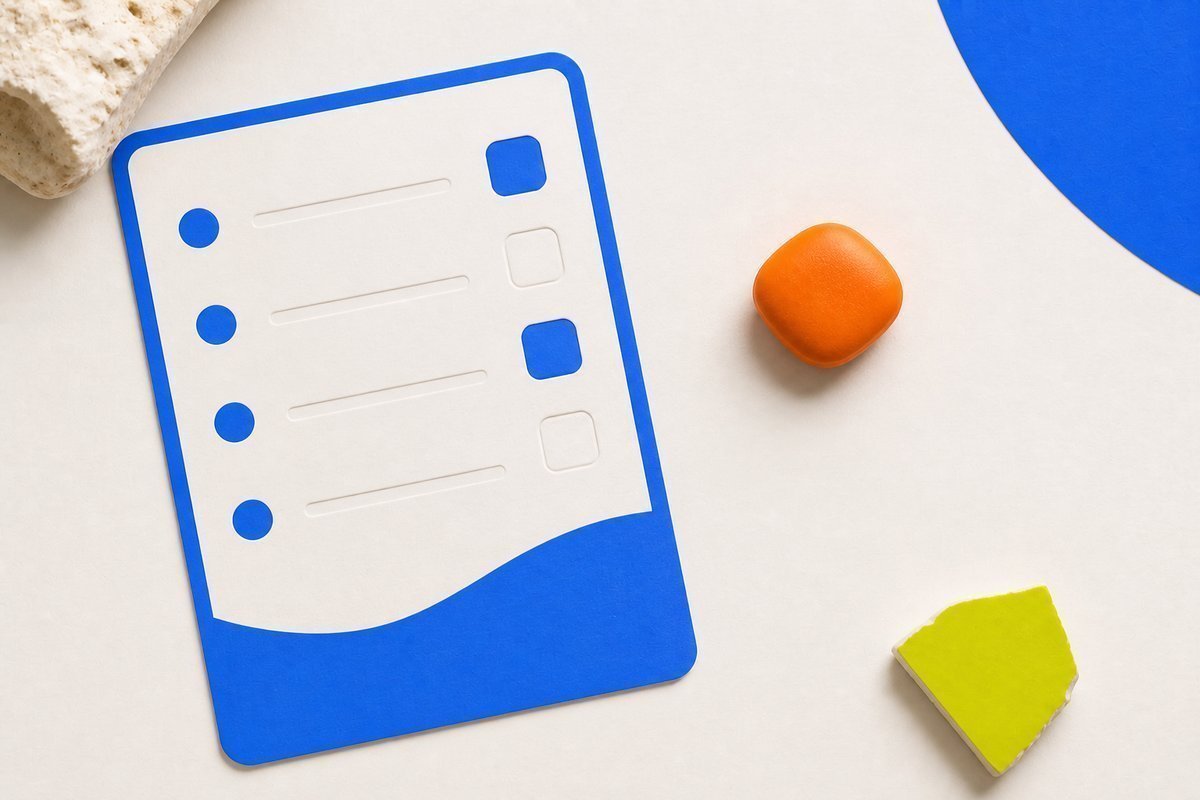 Bone review card, cobalt edge, lime chip: hour gap, amber waiting