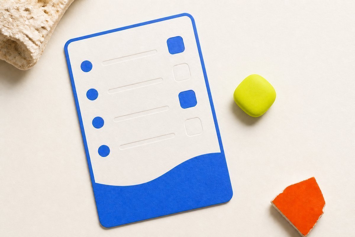 Bone review card, cobalt edge, lime chip: tiny 2.5 under a ceiling