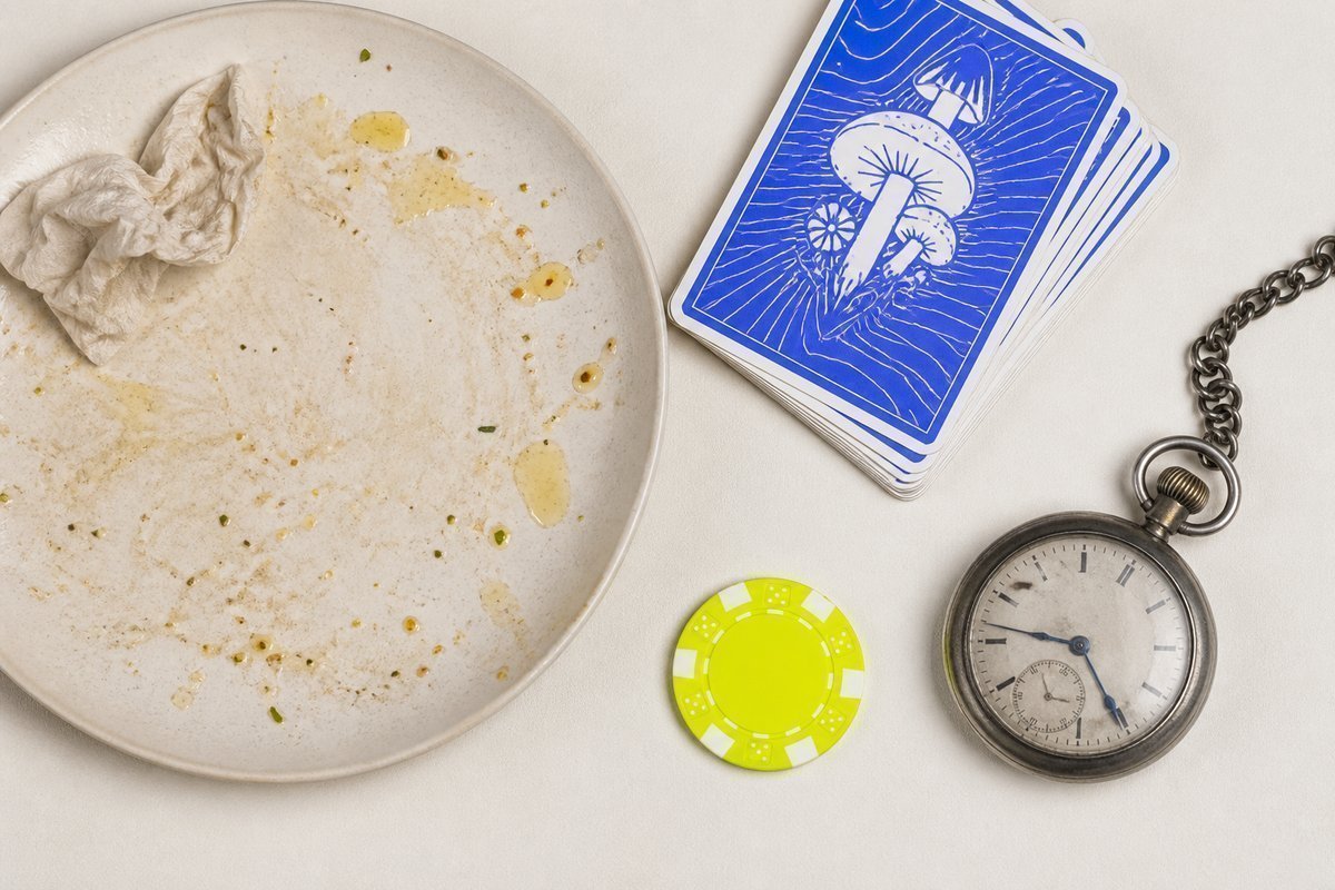 Bone review card, cobalt edge, lime chip: oily plate, slowed clock