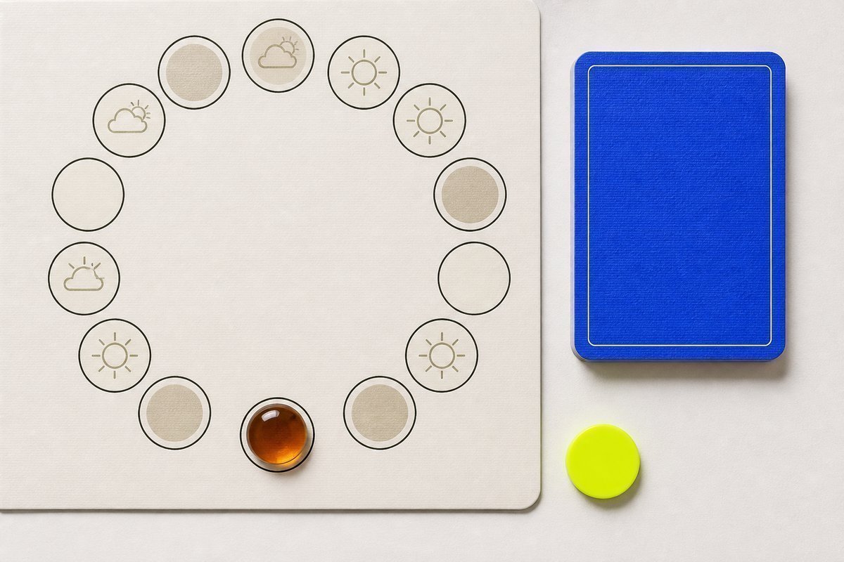 Bone review card, cobalt edge, lime chip: one amber tablet in a day ring