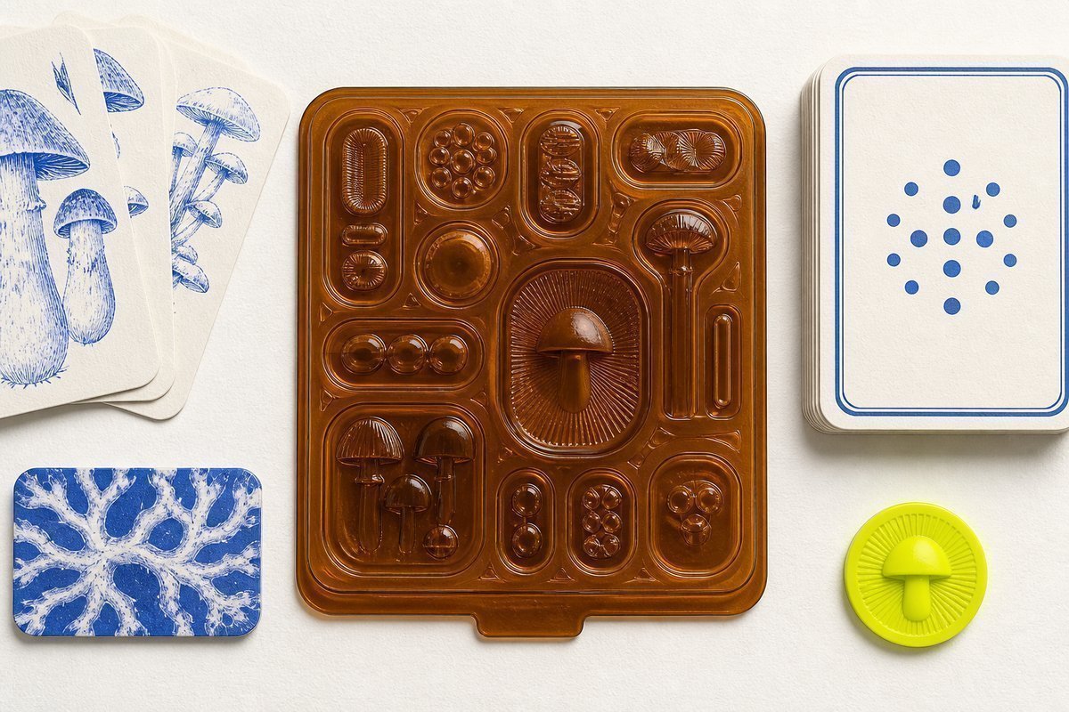 Bone review card, cobalt edge, lime chip: locked amber blister