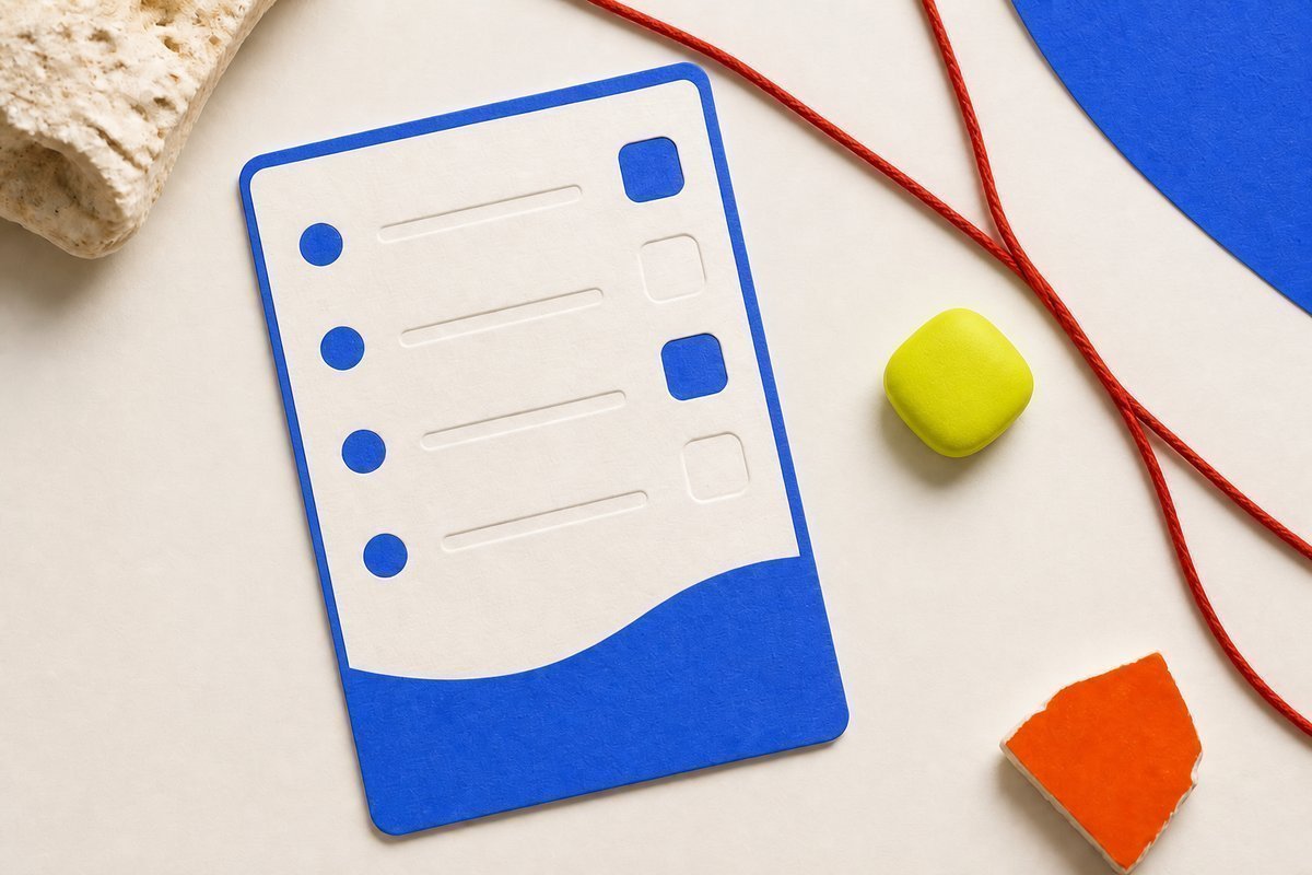 Bone review card, cobalt edge, lime chip: red four-hour thread