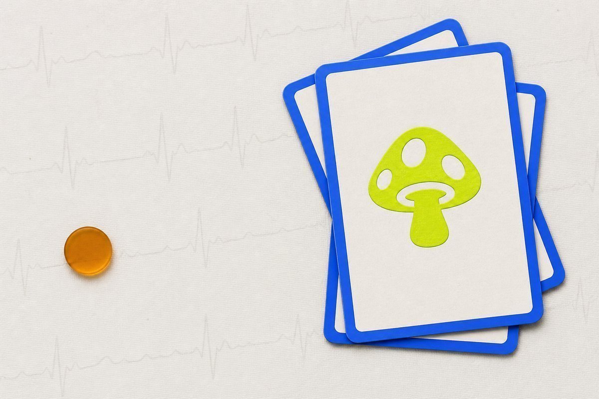 Bone review card, cobalt edge, lime chip: faint ECG dust, amber tablet aside