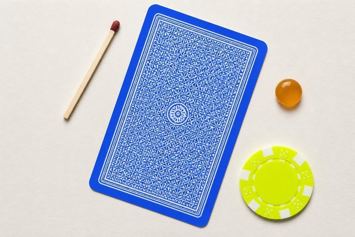 Bone review card, cobalt edge, lime chip: unstruck match, amber tablet