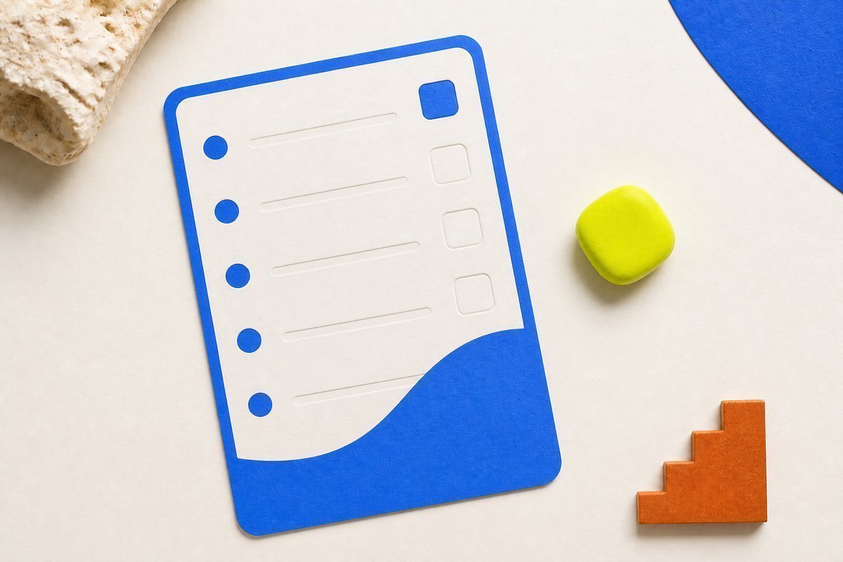 Bone review card, cobalt edge, lime chip: 2.5 to 20 amber stair