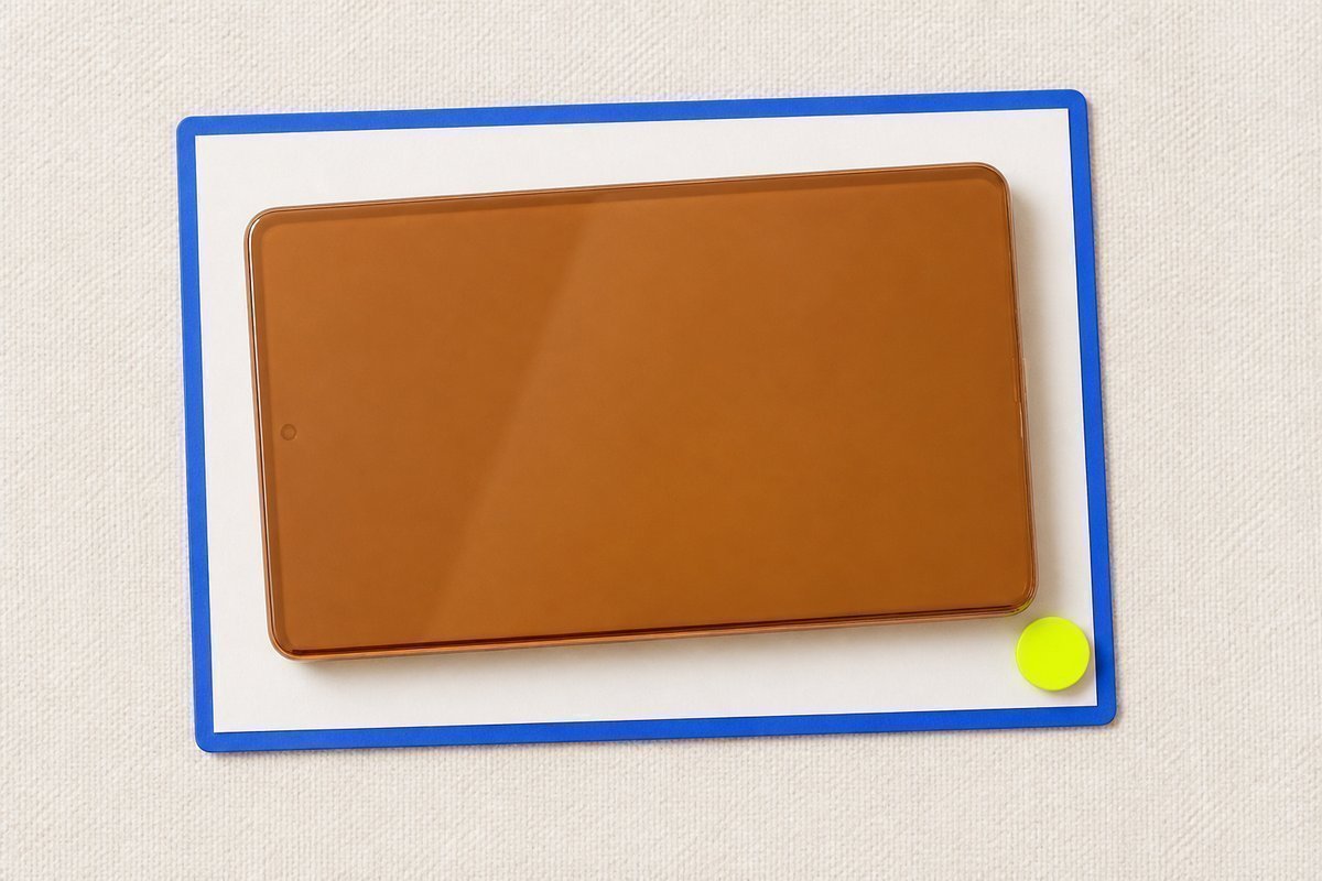 Bone review card, cobalt edge, lime chip: amber tablet on a bone card with cobalt edge