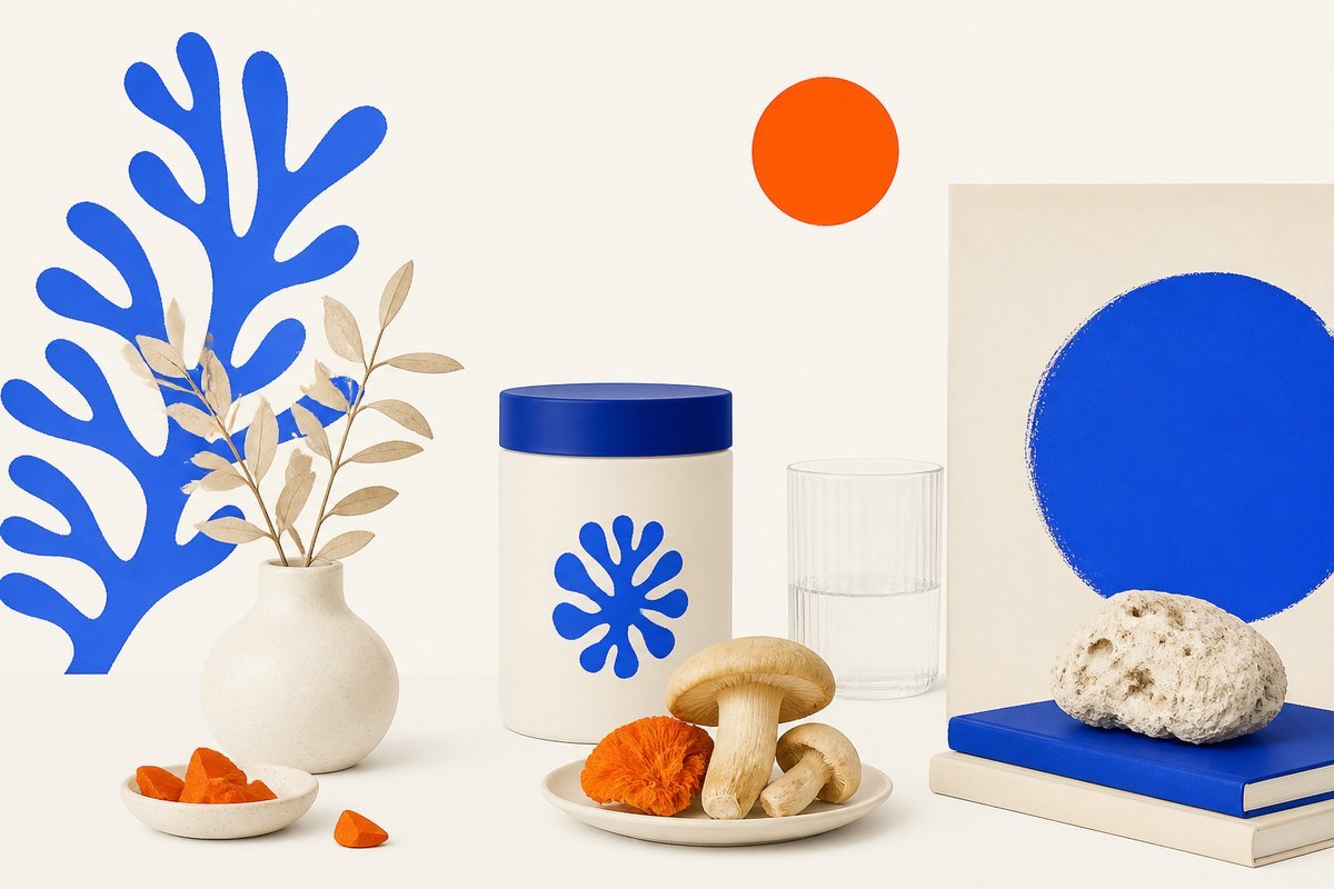 Desk vignette for Dr. Yuki Tanaka on bone canvas with a cobalt mark